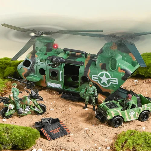 Miniatura 7 de JOYIN - Juego de juguetes de helicóptero militar 10 en 1 con luz, sonido, camiones, barco, bicicleta, soldados del ejército, armas - Regalos