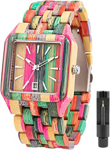 Tiong Brand Wooden Watches Mens with Handmade Colorful Bamboo Wood Watch Analog Date Quartz Wooden Watch for Men