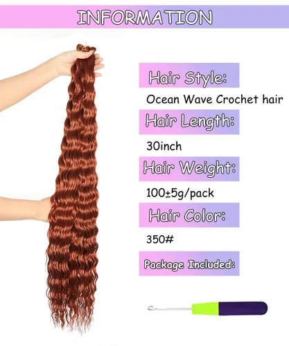 Miniatura 2 de Ginger - Cabello rizado de ganchillo de 30 pulgadas, 2 paquetes de cabello de ganchillo ondulado profundo con ganchillo, cabello largo ondulado