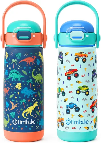 Miniatura 21 de Fimibuke Botella de agua aislada para niños con tapa con pajita y asa - 14 onzas, sin BPA, acero inoxidable 18/8, recipiente de metal, a prueba