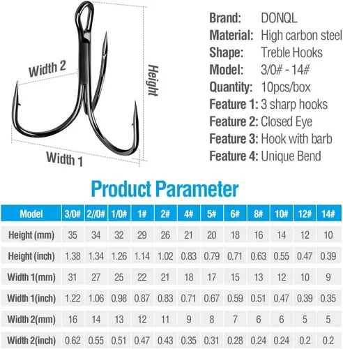 Miniatura 4 de DONQL Anzuelos de pesca Gancho de agudos de acero de alto carbono Ganchos agudos Super Sharp Solid Triple Barbed Fish Hook