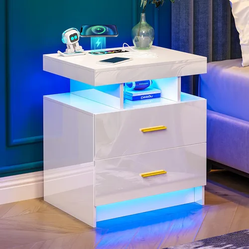 Miniatura 10 de WOOVIVS Juego de 2 mesitas de noche con estación de carga USB/tipo C/inalámbrica, mesitas de noche blancas con luces LED RGB automáticas, juego de 2
