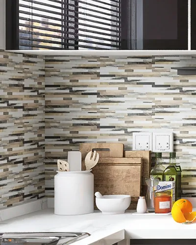 Miniatura 7 de KASARO 20 hojas de azulejos autoadhesivos para salpicaduras para cocina, mármol marrón blanco con rayas doradas antiguas, azulejos de mosaico