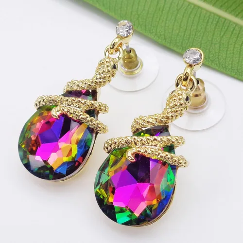 Miniatura 84 de Navachi Pendientes colgantes de gota de serpiente con forma de pera multicolor de cristal chapado en oro de 18 quilates