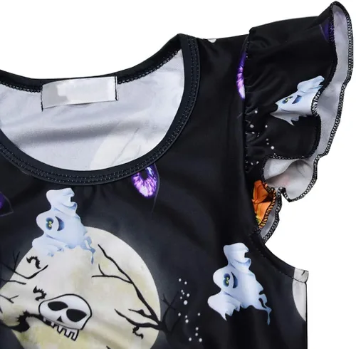 Miniatura 3 de Mini vestido de Halloween para niñas pequeñas, con volantes y manga corta, estampado de calabaza, acampanado, mini vestido de falda para otoño