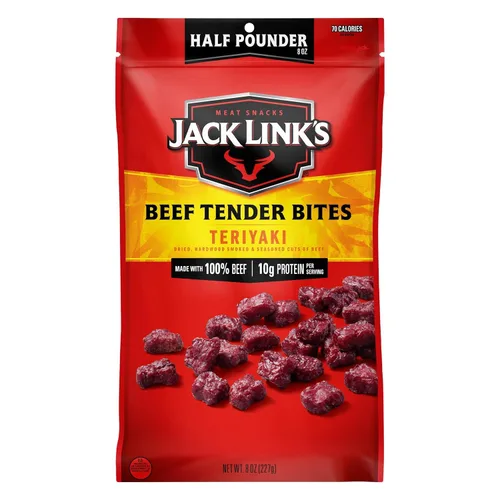 Jack Link's Bocaditos Tiernos de Carne de Res, Teriyaki, Bolsa de Media Libra - Aperitivos de Proteína de Carne Sabrosos para Almuerzos, 10g de