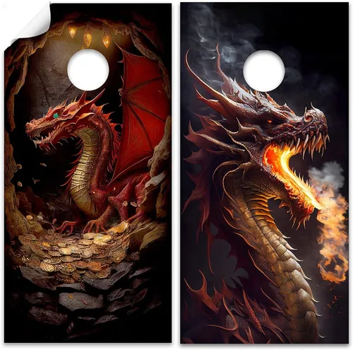 Miniatura 3 de Juego de 2 fundas de vinilo profesionales para tablero de Cornhole - Calcomanías de Cornhole de dragones de fantasía feroces para cubiertas