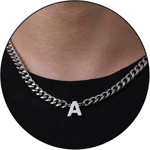 DuoDiner Collar de cadena de eslabones cubanos con inicial A-Z para niños, hombres y mujeres, colgante de letra, acero inoxidable, 0.256in, 18+2