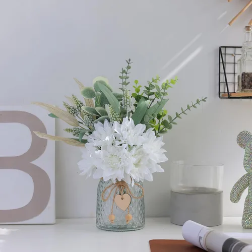 Miniatura 3 de Flores de imitación con jarrón, flores artificiales de seda en jarrón, planta falsa eucalipto y sauce, arreglo floral para el hogar, granja, cocina