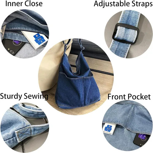 Miniatura 4 de KlaOYer Bolso bandolera de lona, bolso grande tipo hobo para la escuela, bolso de hombro con bolsillo para mujeres y hombres