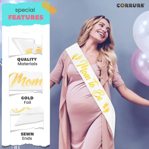 Miniatura 5 de CORRURE Banda para baby shower para niño o niña, banda con la frase "Mom to Be" con hermosa cinta blanca y texto dorado - Ideal para revelación