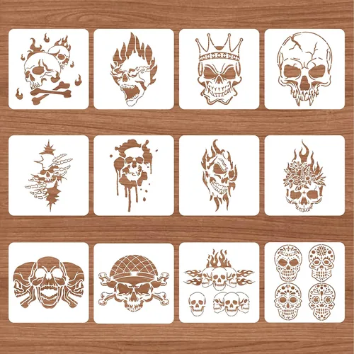 Miniatura 3 de BENECREAT 12 plantillas de dibujo de plástico con patrón de calavera, plantilla de pintura de suspenso de terror de 12 x 12 pulgadas para hacer Tema