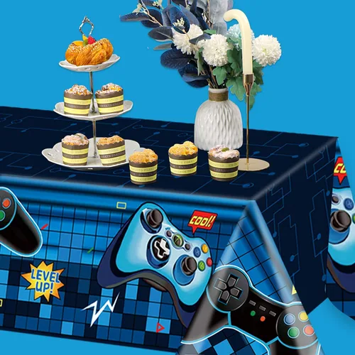 Miniatura 5 de Mantel rectangular de videojuegos, 3 piezas de plástico PE azul desechable, 54 x 108 pulgadas, para decoración de fiesta de cumpleaños de niños