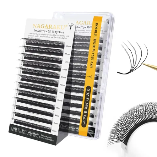 Miniatura 83 de NAGARAKU Extensiones de pestañas Double Tips 4D W, suministros con puntas dobles, gruesas con rizado D de 0.07 mm, bandeja mixta 8-15 mm, 0.07-D