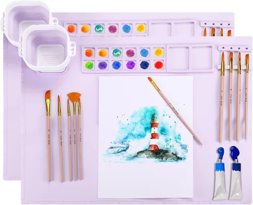 Miniatura 9 de PATIKIL Tapete de pintura de silicona, 2 estaciones de pintura de 20 x 16 pulgadas con taza y soporte para pintura no extraíble, hoja de arte