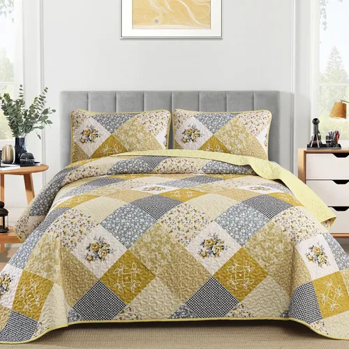 Miniatura 11 de Dinjoy Juego de edredón floral a cuadros de retazos tamaño California King, juego de ropa de cama reversible marrón de microfibra suave, colcha