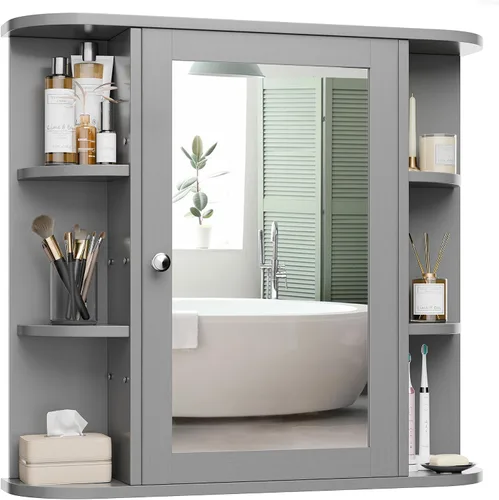 Armario de espejo de baño montado en la pared, botiquín con espejo y 6 estantes abiertos, gabinetes de pared de baño modernos para medicamentos, gris