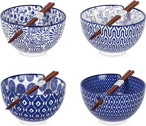 Miniatura 8 de Selamica Juego de cuencos de cerámica para ramen, cuencos de fideos de 15 onzas para cocina con palillos, cuencos profundos para sopa japonesa