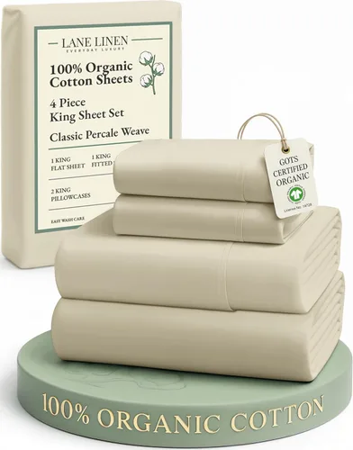 Miniatura 114 de LANE LINEN Sábanas 100% algodón orgánico para cama tamaño King, sábanas de percal suave, transpirables, de lujo, estilo hotelero, lavables a 09