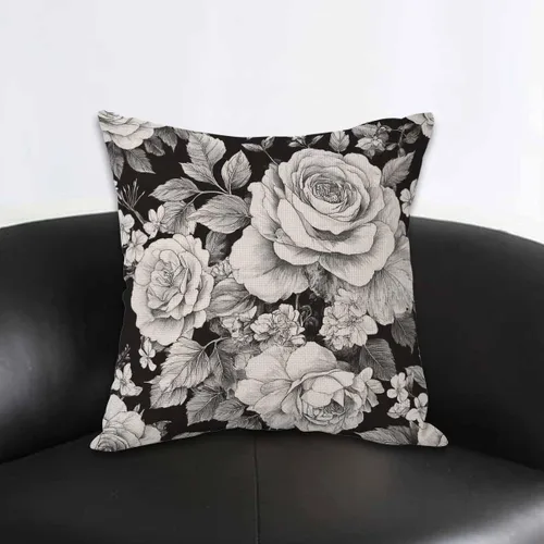 Miniatura 3 de AOYEGO Funda de almohada con diseño de rosas blancas y negras, ramo de flores, plantas botánicas, hojas naturales, flores silvestres, pétalos