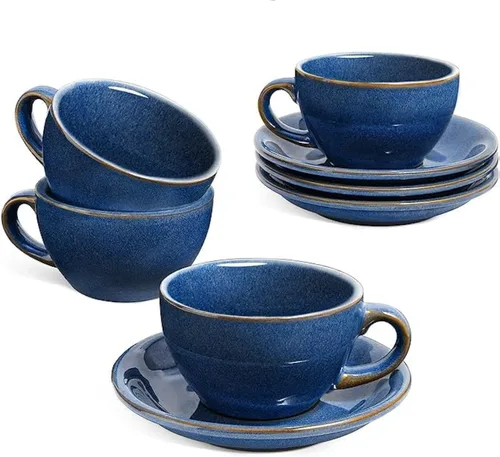 LE TAUCI Juego de 4 tazas de capuchino de 6 onzas con platillos, juego de 4 tazas de café de cerámica y platillos para café con leche, Au Lait,