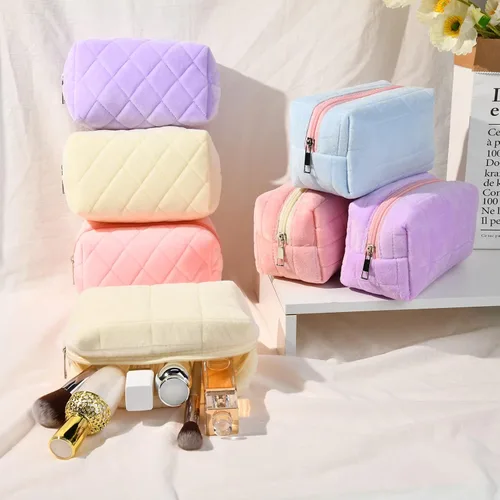 Miniatura 7 de SOIDRAM Bolsa de maquillaje de felpa para cosméticos, bonita bolsa de maquillaje estética, bolsa de maquillaje azul, bolsa de aseo de viaje