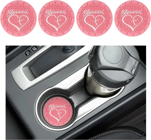 Miniatura 13 de Augeny 2PCS Posavasos para Portavasos de Coche, Posavasos de Inserción de PVC Antideslizantes, 2.76 Pulgadas Cruz Bendecida y Corazón Cristiano