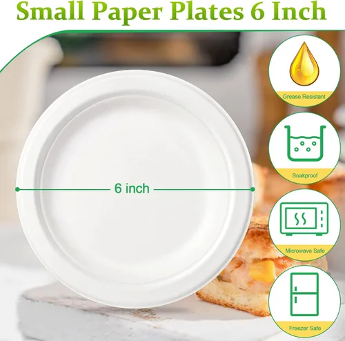 Miniatura 2 de Platos de papel de 6 pulgadas, paquete de 100 platos de papel pequeños, platos desechables a granel, platos de papel 100% compostables, platos