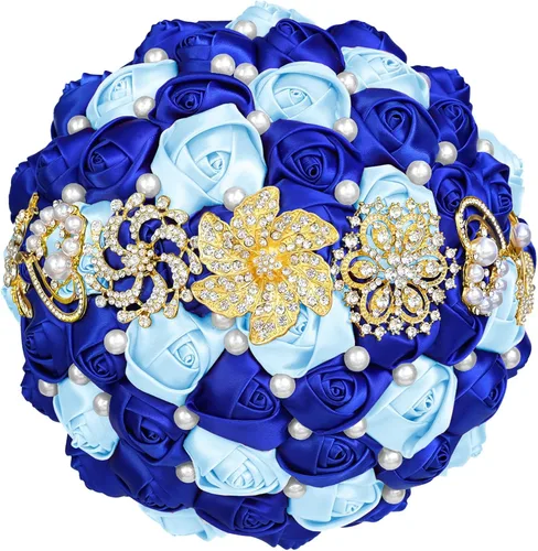 Miniatura 13 de XINNI Broche de oro de lujo de 8 pulgadas, ramo de boda nupcial para novia, dama de honor, ramo de rosas de satén con perlas, color negro y gris