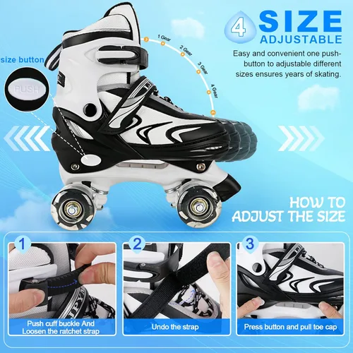Miniatura 2 de Patines ajustables para niños pequeños y adultos, ruedas iluminadas, 4 tamaños Negro&blanco