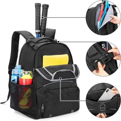Miniatura 4 de DSLEAF Mochila de tenis para 2 raquetas, bolsa de tenis con espacio separado para zapatos ventilado para tenis, pickleball, bádminton, raqueta