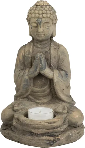 Biedermann & Sons Stone Buddha - Portavelas de té de 6 pulgadas de ancho x 8 pulgadas de alto, estatua de meditación zen, gris claro con detalles