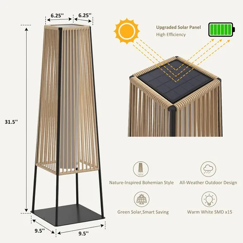 Miniatura 2 de Juego de 2 lámparas de pie para exteriores, faroles solares de ratán impermeables para exteriores, para balcón, terraza, jardín y patio (natural)
