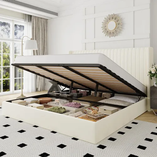Miniatura 14 de Allewie Base de cama de almacenamiento elevable de tamaño matrimonial, sistema de soporte hidráulico, marco de cama de plataforma tapizada