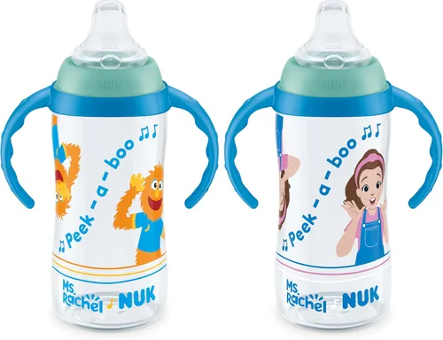 NUK Taza de Aprendizaje, Ms. Rachel, 10 oz, 8+ Meses, Paquete de 2 – Boquilla Suave, Asas de Fácil Agarre, Sin BPA, Taza Sippy de Transición a Sra.