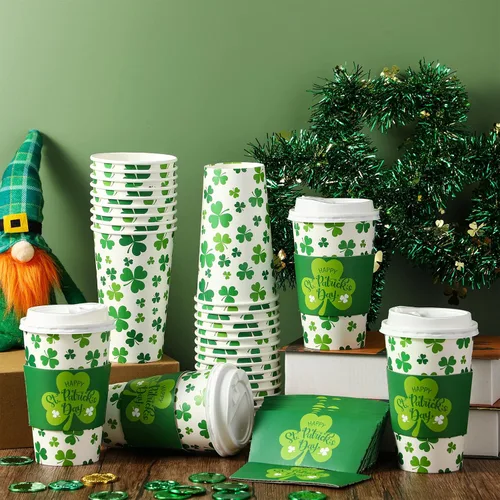 Miniatura 3 de Jingmore Paquete de 60 tazas de café desechables del día de San Patricio con tapas y fundas de 16 onzas, tazas de café irlandesas de papel de trébol