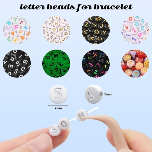 Miniatura 5 de 1200 cuentas de letras negras para pulseras, cuentas redondas de acrílico negro y dorado del alfabeto de 0.157 x 0.276 in para fabricación de joyas