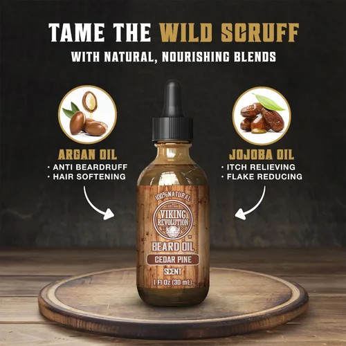 Miniatura 3 de Viking Revolution Aceite de cedro y pino para barba para hombres, suavizante natural de argán y jojoba, acondicionador para fortalecer e hidratar