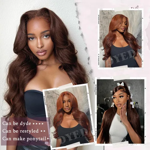 Miniatura 3 de Pelucas de cabello humano de 24 pulgadas con encaje frontal color marrón chocolate, sin pegamento, 200% de densidad, sin pegamento, precortadas de 7