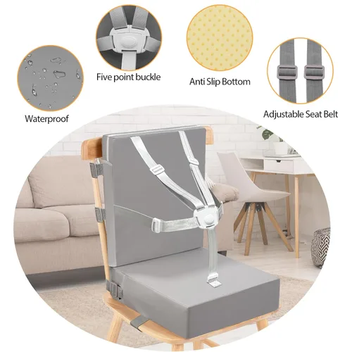 Miniatura 3 de Asiento elevador para mesa de comedor para niños pequeños, hebilla de 5 puntos, asiento elevador para mesa con respaldo, PU impermeable, fácil Gris