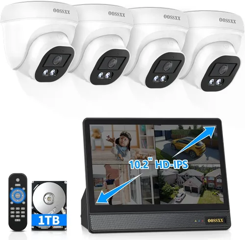 OOSSXX Sistema de cámara de seguridad 4K PoE con monitor de 10 pulgadas, 4 cámaras con cable para exteriores e interiores, NVR de 4 canales con
