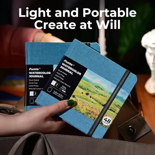 Miniatura 5 de Funto Diario de Acuarela, Cuadrado, 5.5x5.5, Portátil Paquete de 2, 48 Páginas Cada Uno, Cubierta Azul, 110lb/230gsm, Suministros de Arte