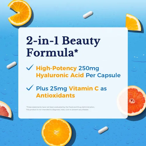 Miniatura 3 de Vitalitown Suplementos de ácido hialurónico de 250 mg, más 25 mg de vitamina C, derivado naturalmente y alta biodisponibilidad, hidratación