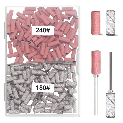 Miniatura 10 de BLESWIN 200 bandas de lijado pequeñas de grano #180#240 para taladro de uñas con 2 puntas de mandriles mejoradas de 3/32 pulgadas, mini bandas