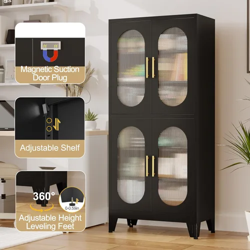 Miniatura 6 de GAIOUS Vitrina de metal negro con puertas acrílicas, armarios de despensa de cocina con 4 estantes ajustables y pies, almacenamiento alto y versátil