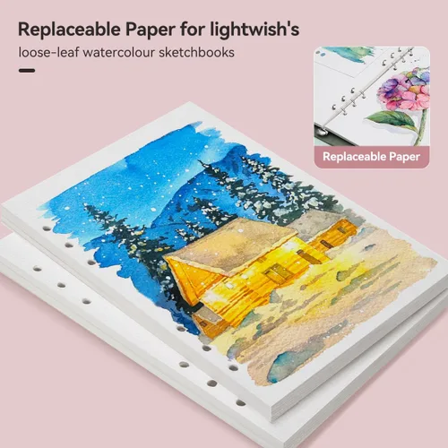 Miniatura 5 de LIGHTWISH Papel para Acuarela a Granel, 100% Algodón Prensado en Frío 300gsm/140lb, Paquete de 2, Total 40 Hojas A5 Con Agujeros Para Perforar Papel
