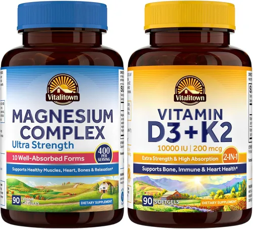 Vitalitown Ultra Magnesio y Vitamina D3 K2 paquete (paquete de 2) | Complejo de magnesio 10 en 1 y 10000 UI D3, MK-7 | para dientes de músculo óseo,
