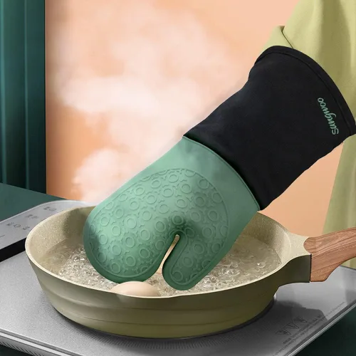 Miniatura 7 de sungwoo Guantes de horno de silicona extralargos, resistentes al calor, con forro acolchado, agarre texturizado antideslizante, perfectos para Verde