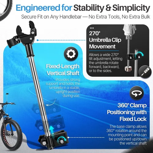 Miniatura 5 de Flexzion Soporte de abrazadera ajustable para sombrilla de bicicleta – Accesorio universal para cochecito, soporte de sombrilla para silla de ruedas