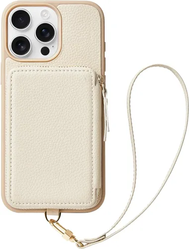 ZVE Funda tipo cartera para iPhone 13 ProMax con correa para la muñeca, funda con cremallera para teléfono con bloqueo RFID, funda de cuero para